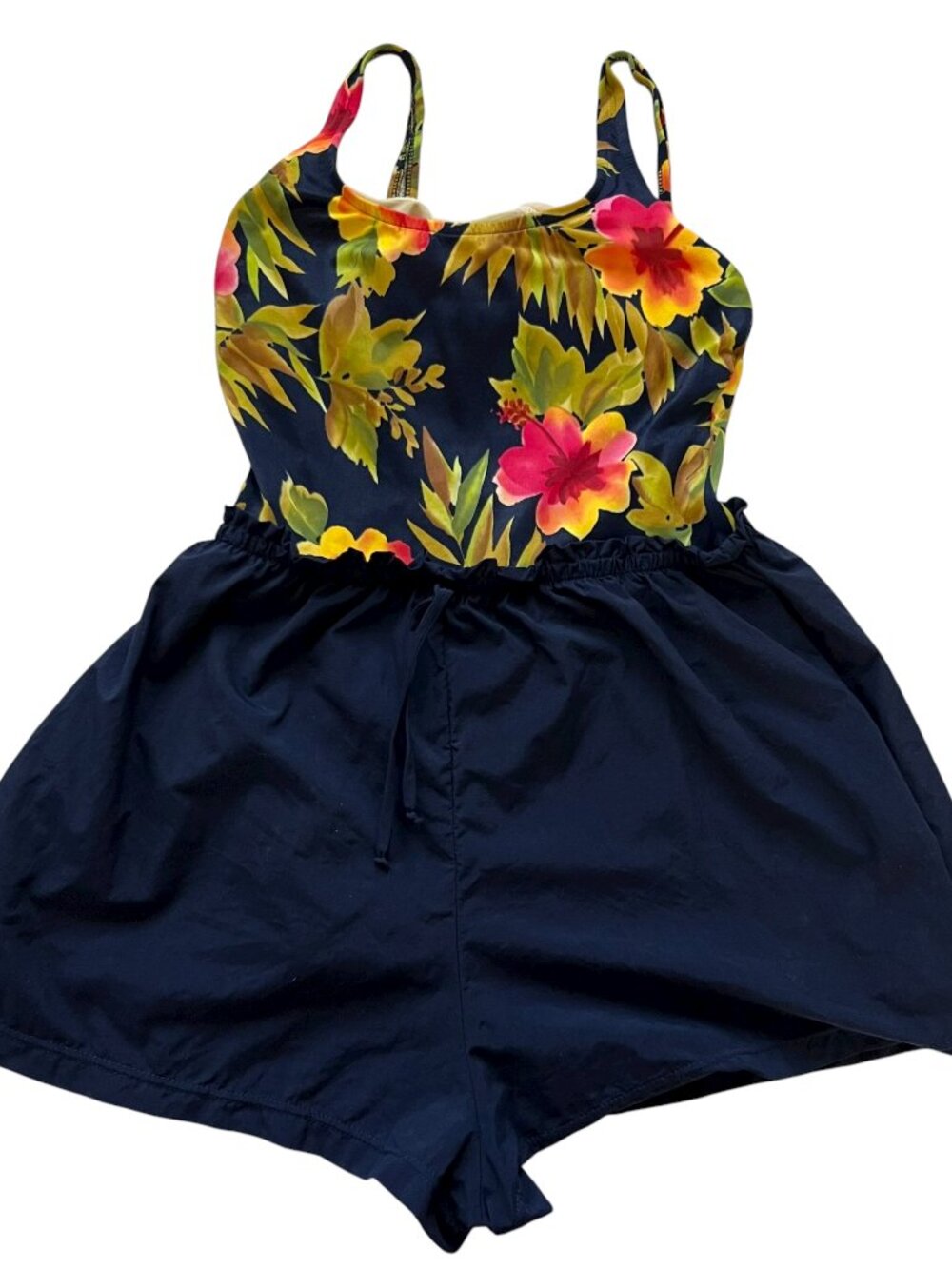 Vintage one piece swimsuit floral high waisted navy blue shorts size 16